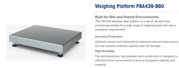 Mettler Toledo Bench Scale PBA439-B60 Max. weight: 60 Kg Readability: 20g Size: 400*500 mm Materials: Stainless Steel Structure (New scale)
