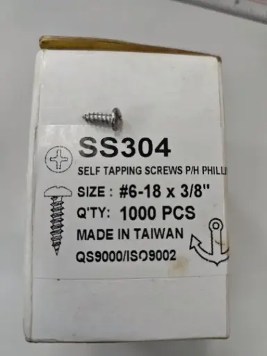 [CP030] Option 1 -SS304 Self Tapping Screws – Pan Head Phillip, Size: #6-18x3/8”   1000pcs/box
